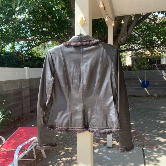 Bianca Nygard genuine leather with genuine fur trim one button blazer brown 6 - Picture 2 of 15